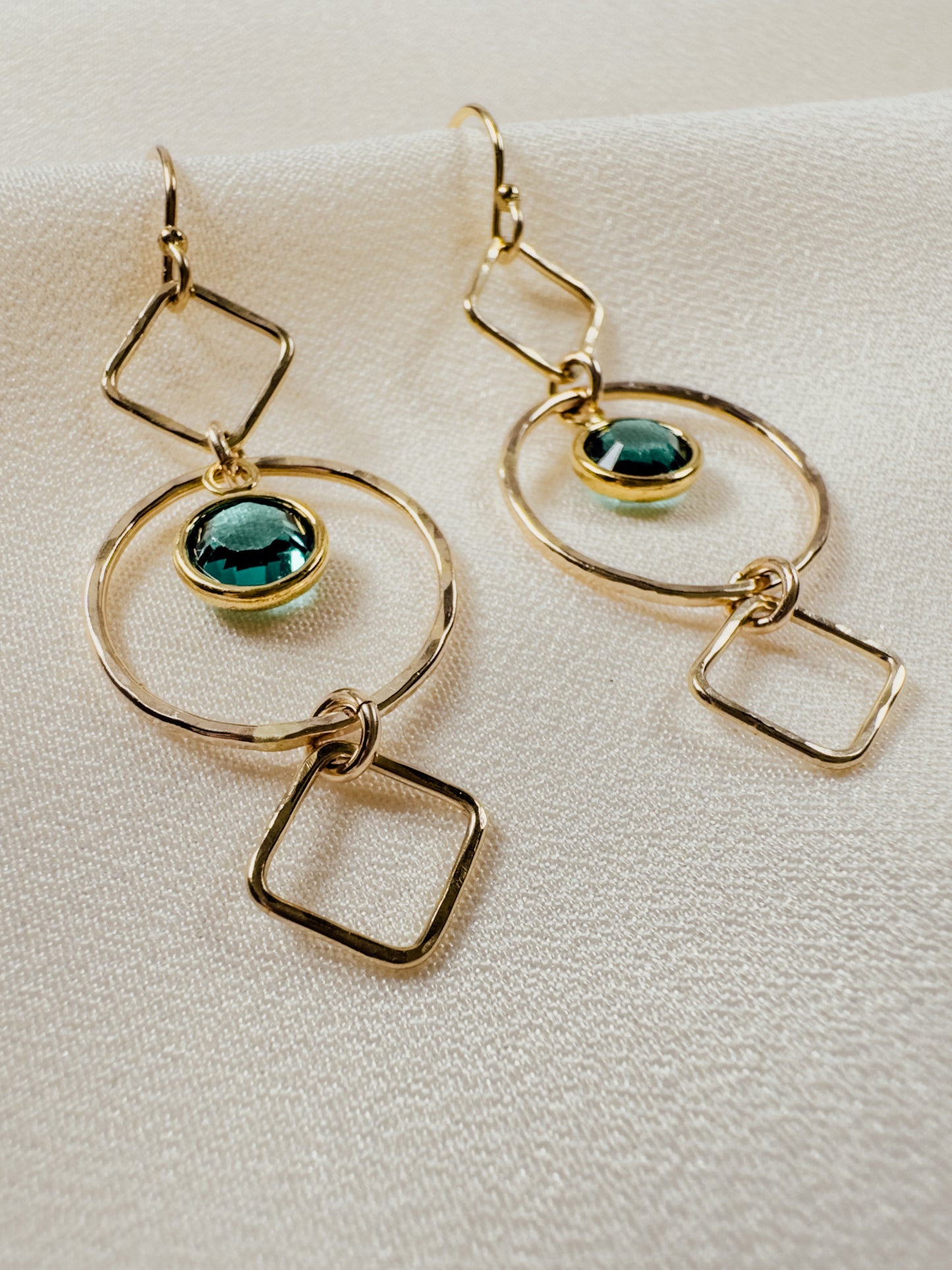 Gold-Filled Geometric Earrings w/Emerald Green Swarovski Drop - Sally Hoffman Designs