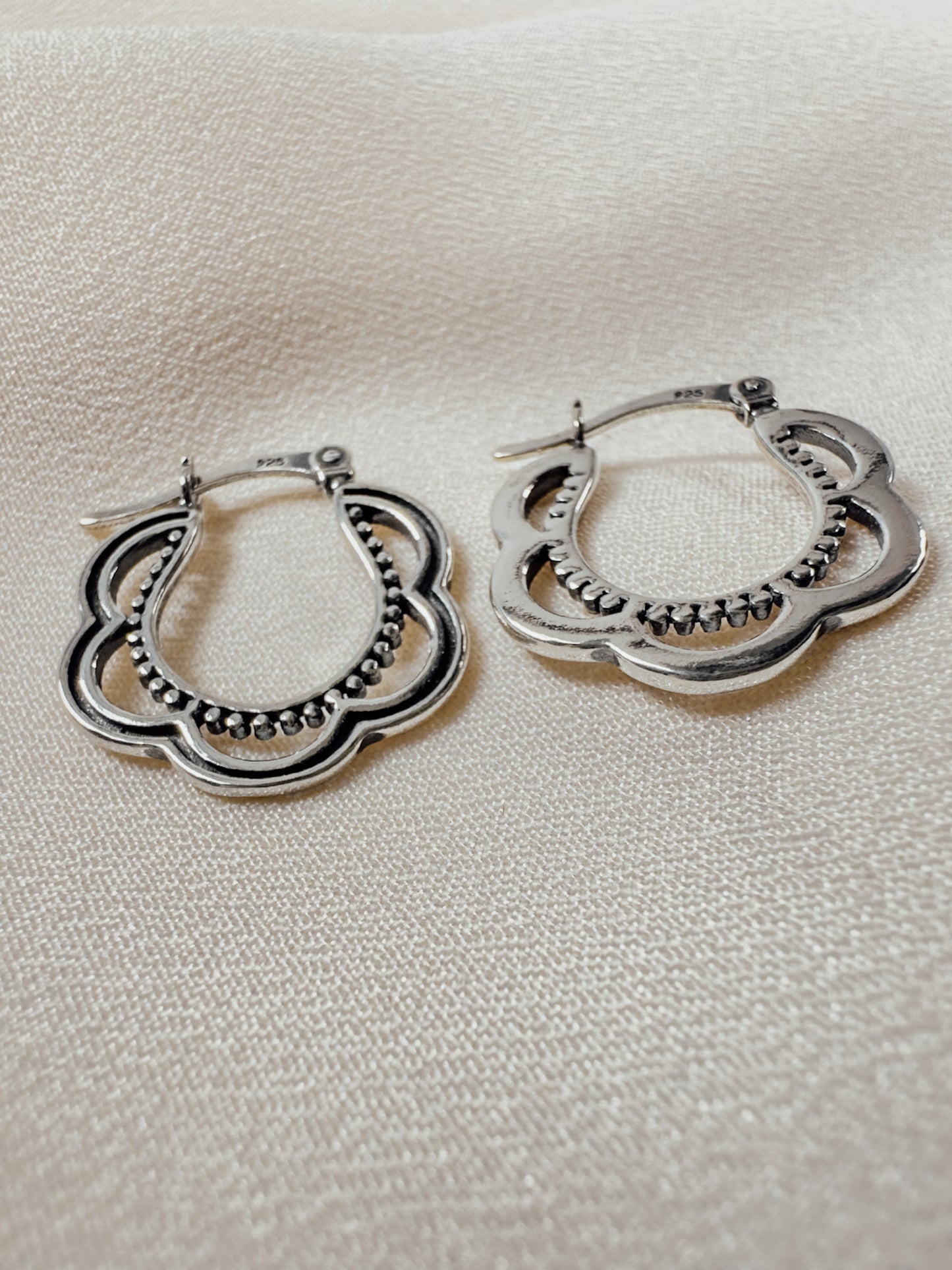 Sterling Silver Bali Style Scalloped Hinged Hoop Earrings - Sally Hoffman Designs