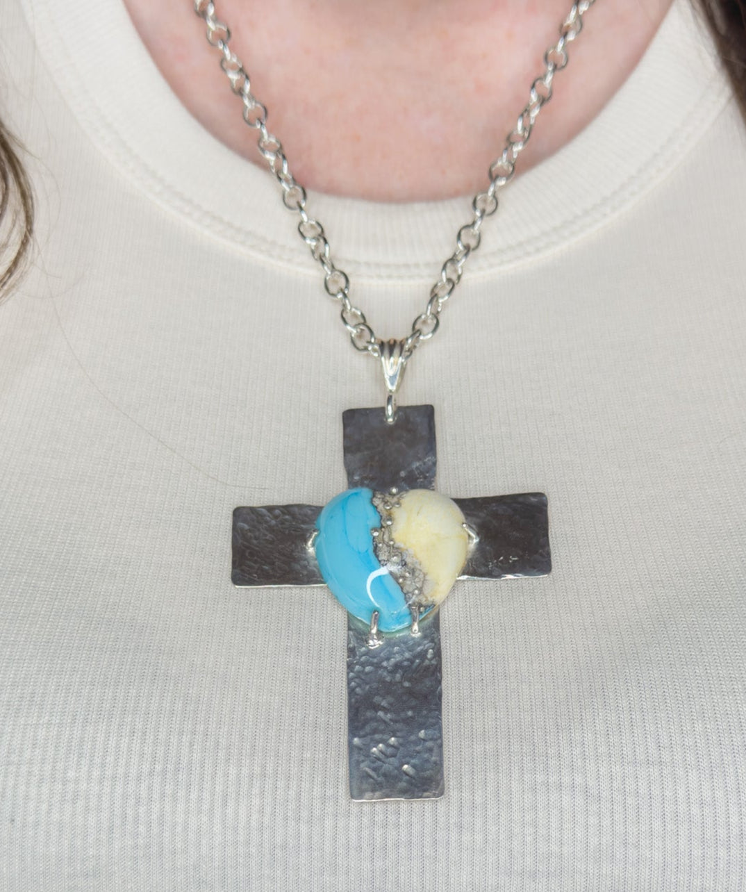Sterling Silver Cross Necklace with Handmade Lampwork Bead Cabochon - Sally Hoffman Designs