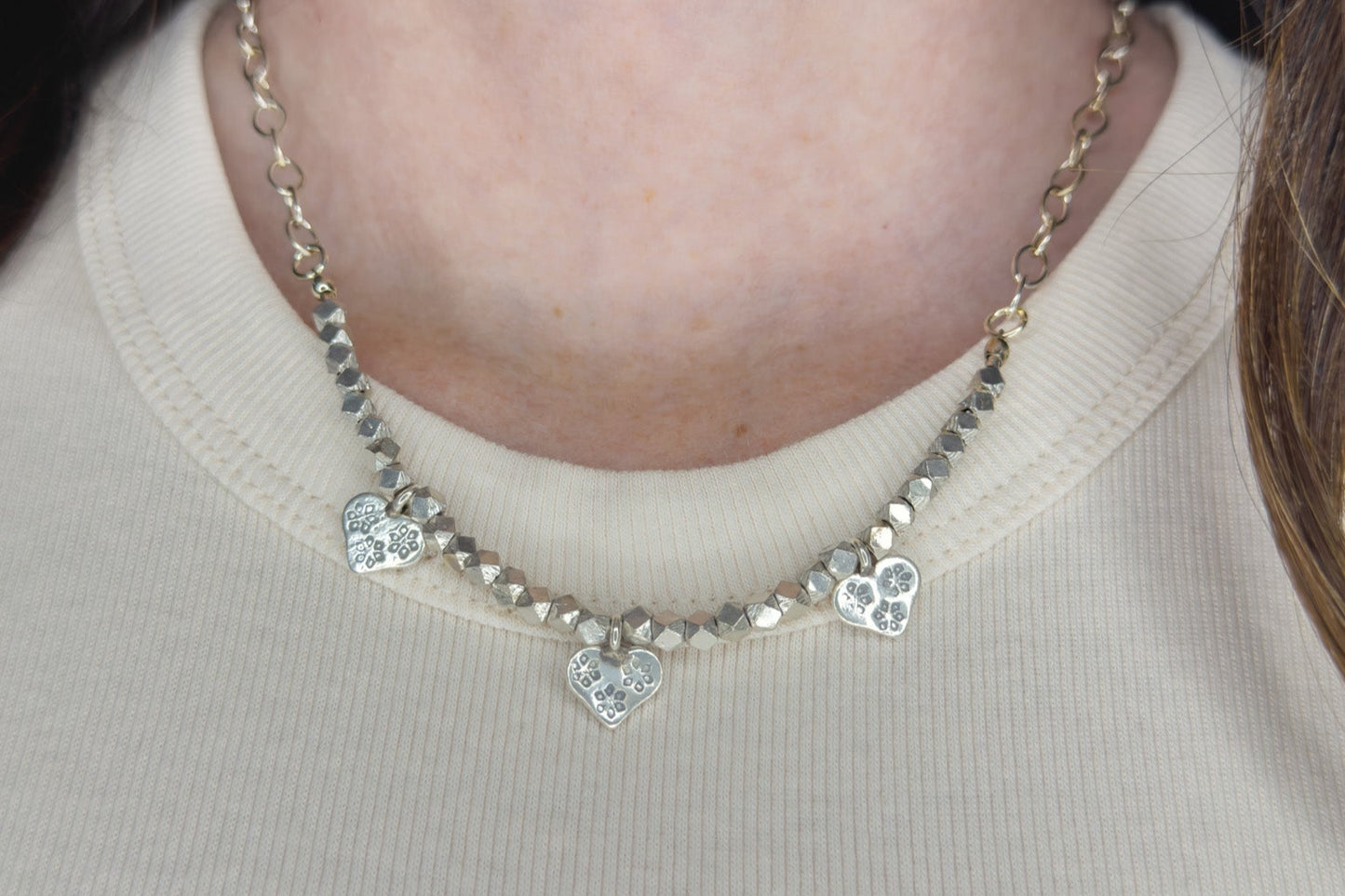 Silver Necklace with 3 Fine Silver Hearts - Sally Hoffman Designs
