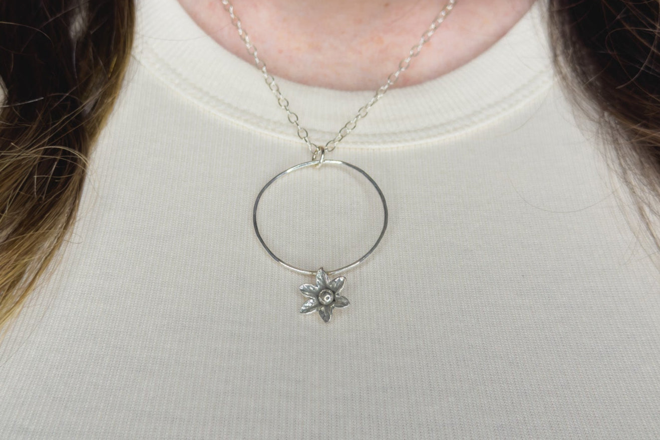 Sterling Circle Necklace with Flower Drop - Sally Hoffman Designs