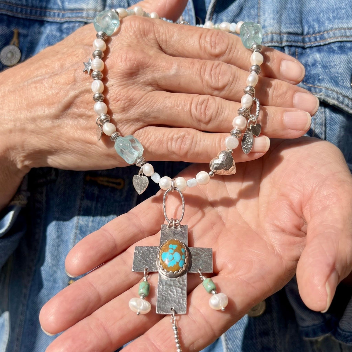 Handmade Pearl Turquoise Cross Necklace | Sterling Silver Artisan