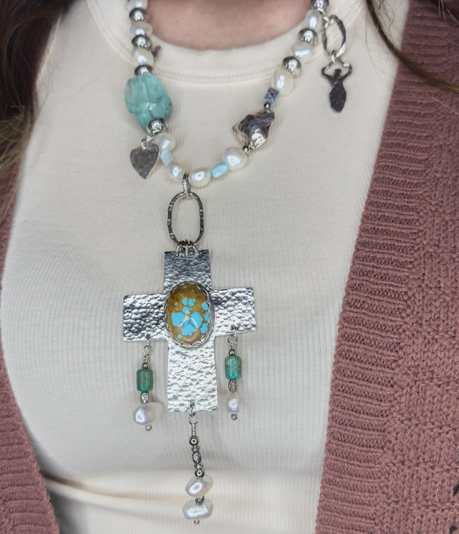 Elegant Pearl & Ice Quartz Necklace with Sterling Silver and Turquoise Cross - Sally Hoffman Designs