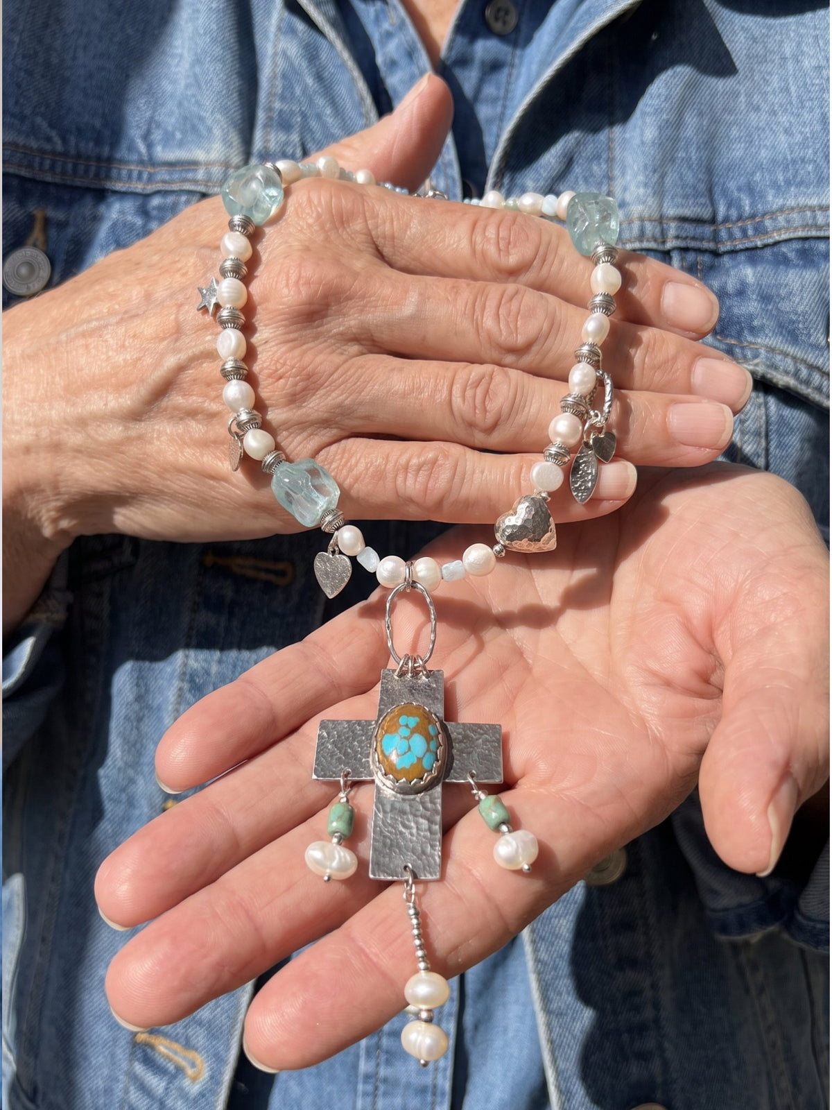 Handmade Pearl Turquoise Cross Necklace | Sterling Silver Artisan