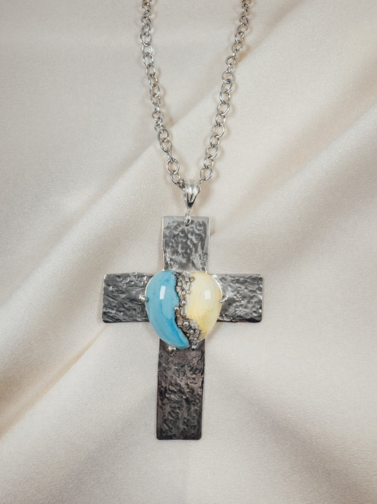 Sterling Silver Cross Necklace with Handmade Lampwork Bead Cabochon