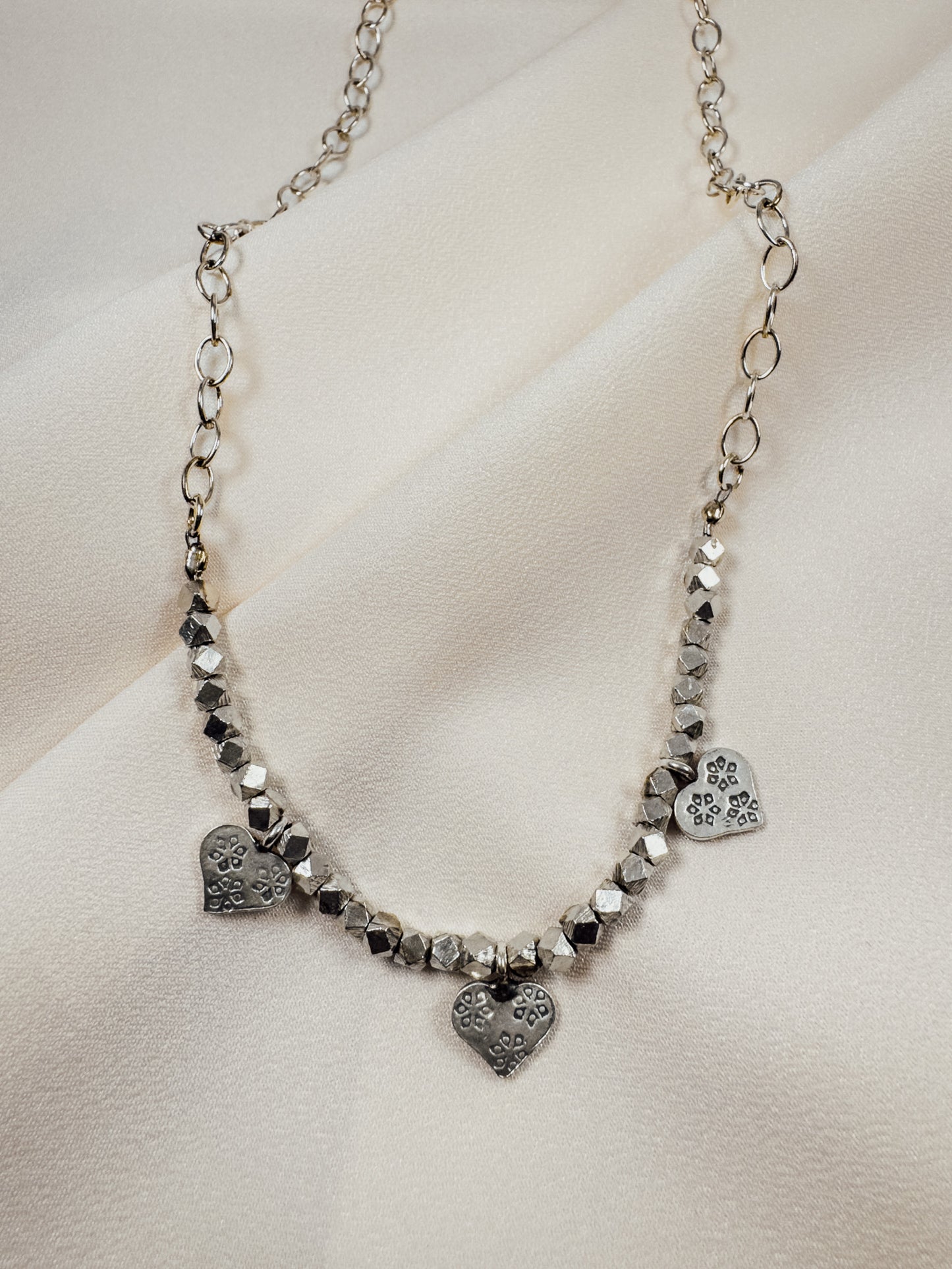 Silver Necklace with 3 Fine Silver Hearts