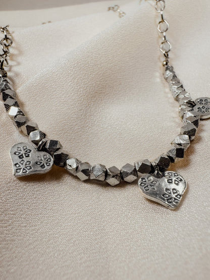 Silver Necklace with 3 Fine Silver Hearts