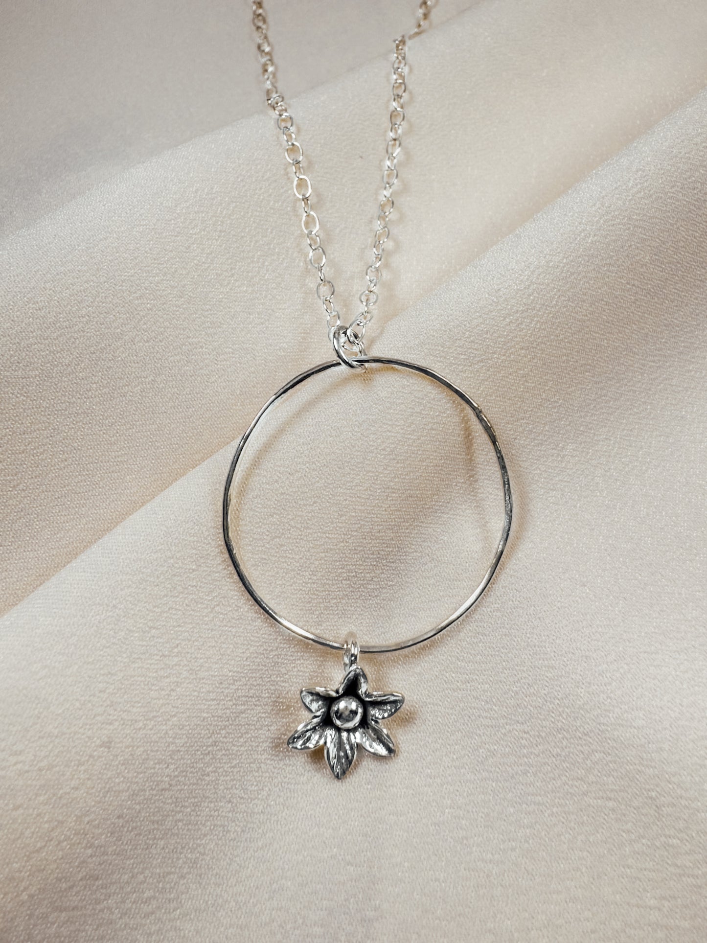 Sterling Circle Necklace with Flower Drop