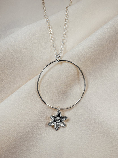 Sterling Circle Necklace with Flower Drop