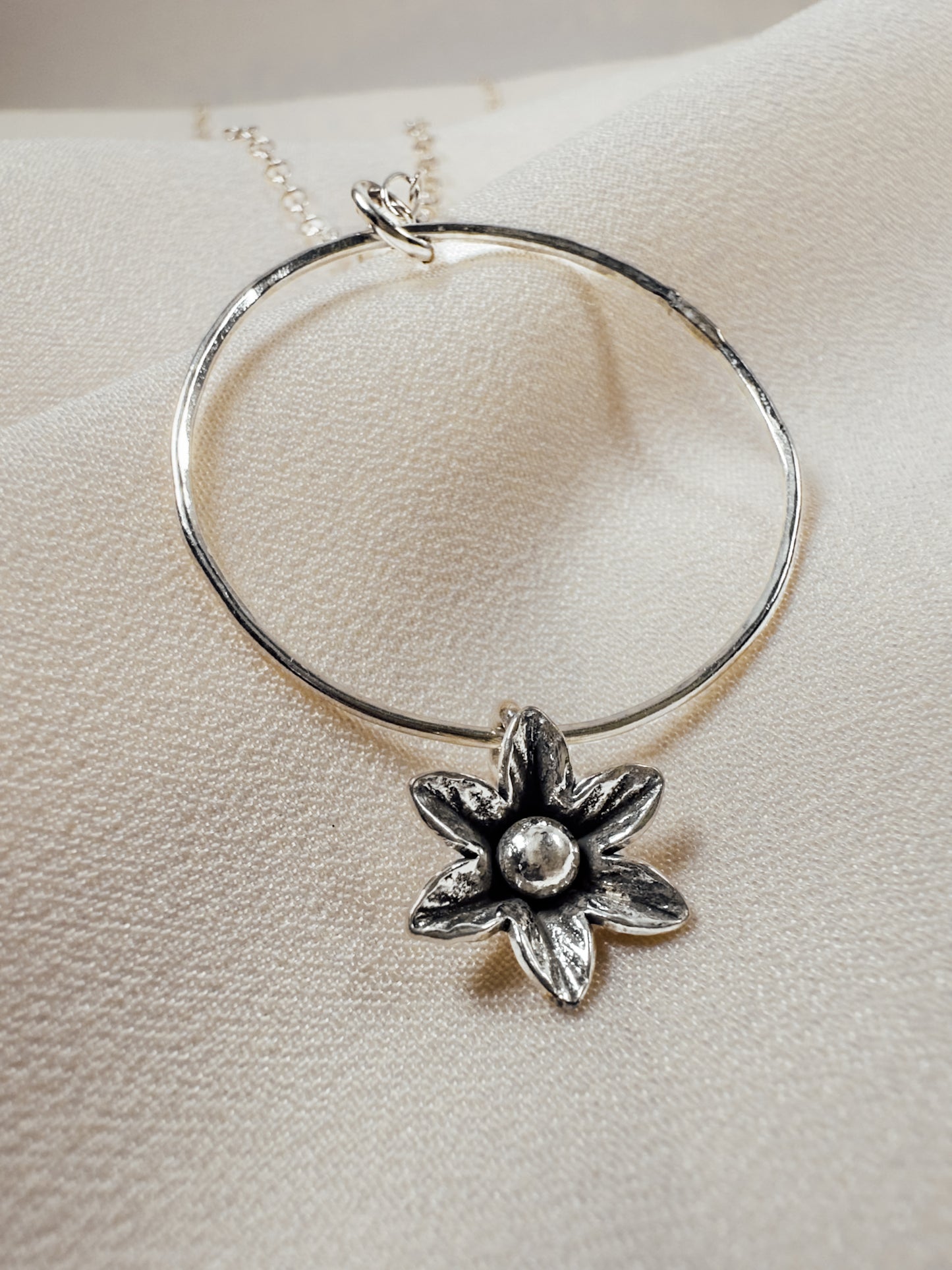 Sterling Circle Necklace with Flower Drop