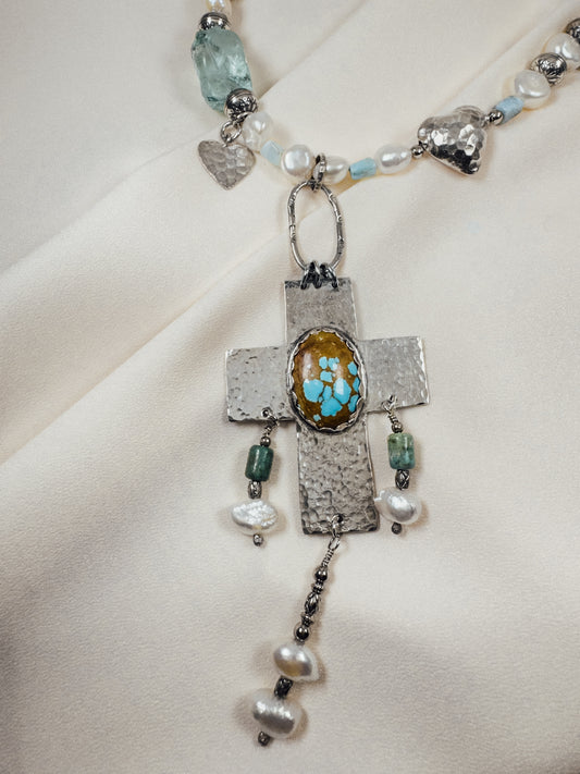 Elegant Pearl & Ice Quartz Necklace with Sterling Silver and Turquoise Cross