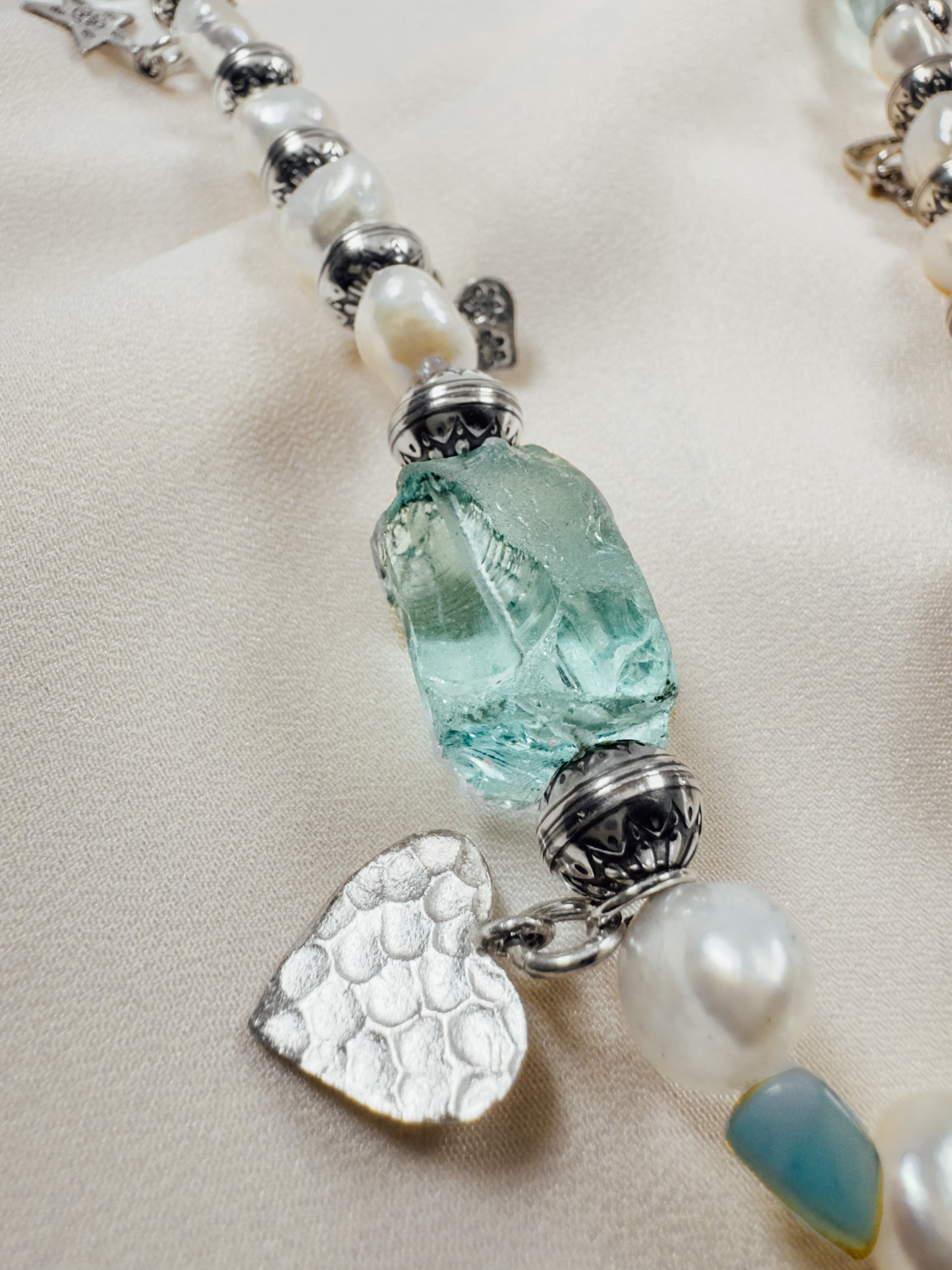 Elegant Pearl & Ice Quartz Necklace with Sterling Silver and Turquoise Cross