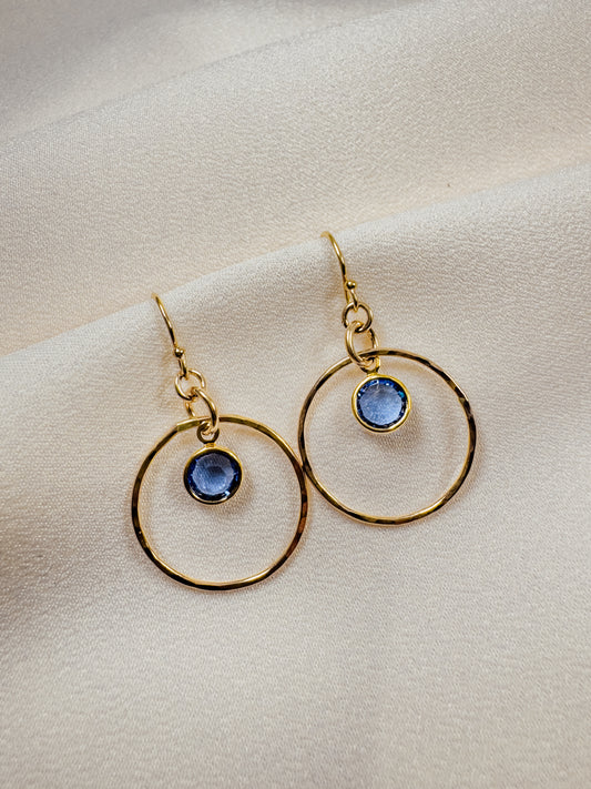 Gold Filled Hoop w/Blue Swarovski Crystal Drop