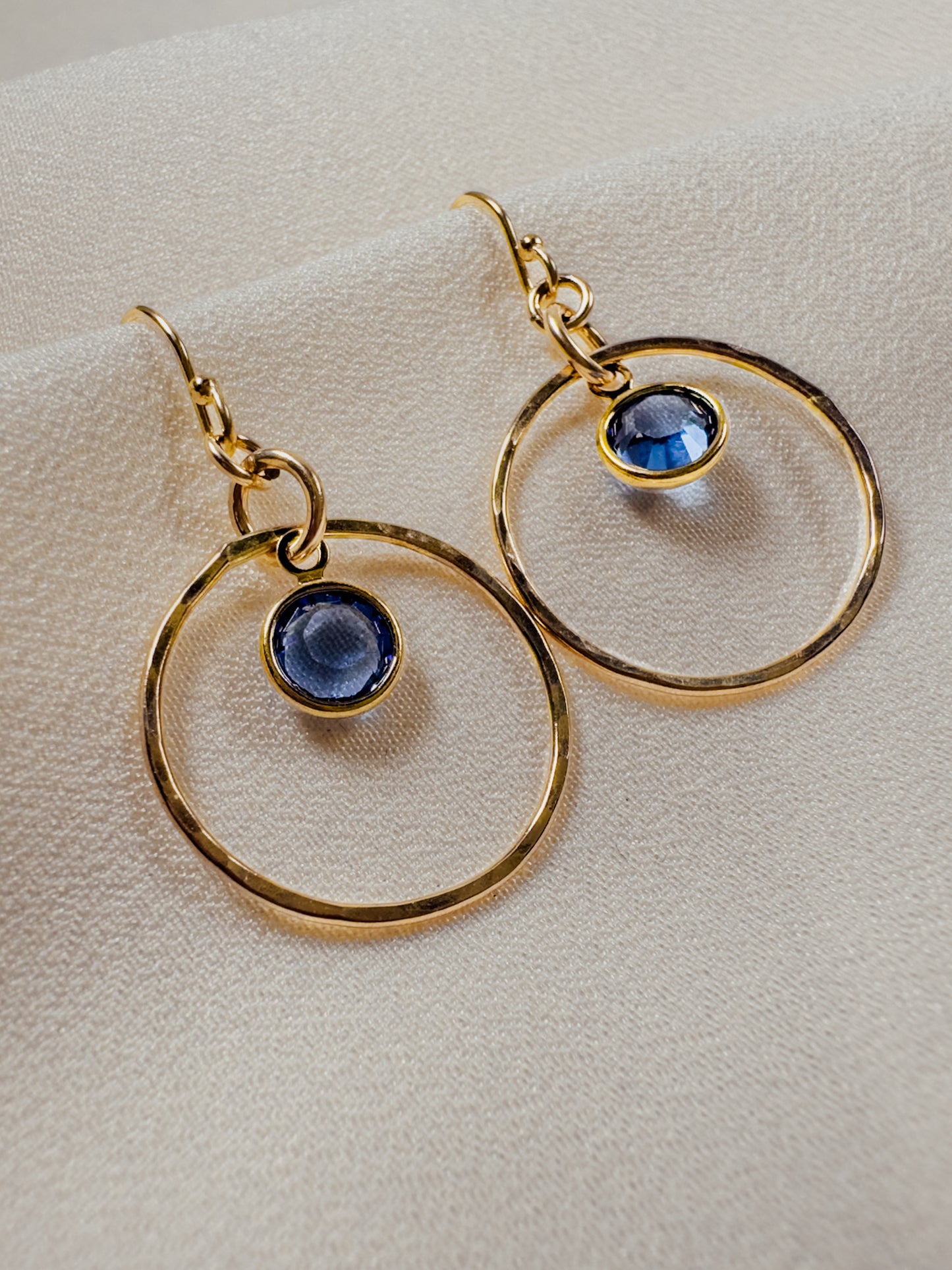 Gold Filled Hoop w/Blue Swarovski Crystal Drop