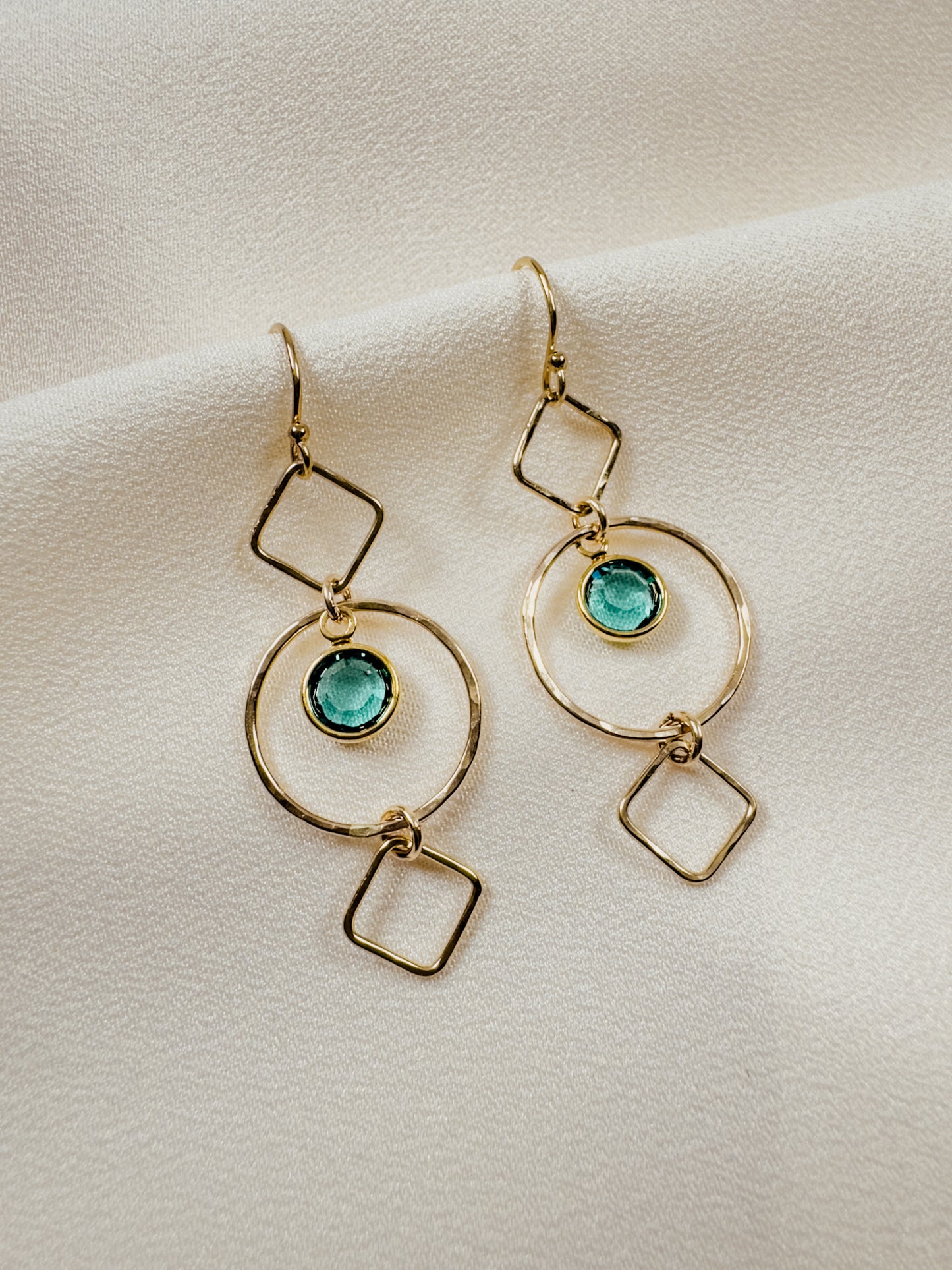 Gold Filled Geometric Earrings w/Emerald Green Swarovski Drop