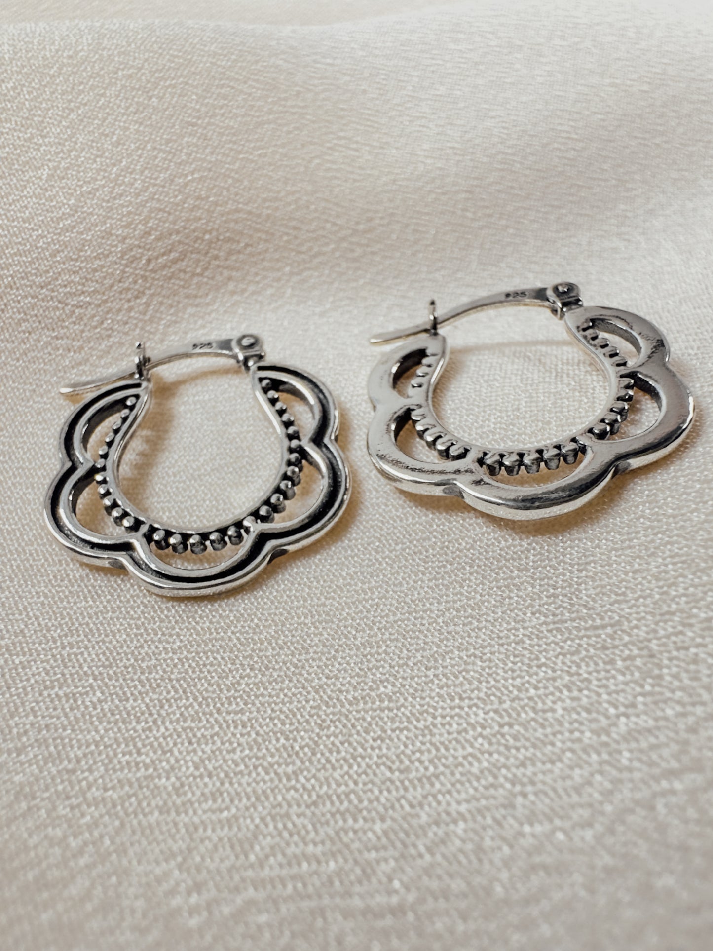 Sterling Silver Bali Style Scalloped Hinged Hoop Earrings