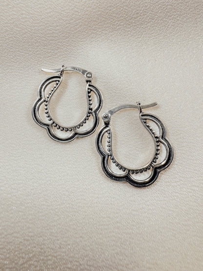 Sterling Silver Bali Style Scalloped Hinged Hoop Earrings