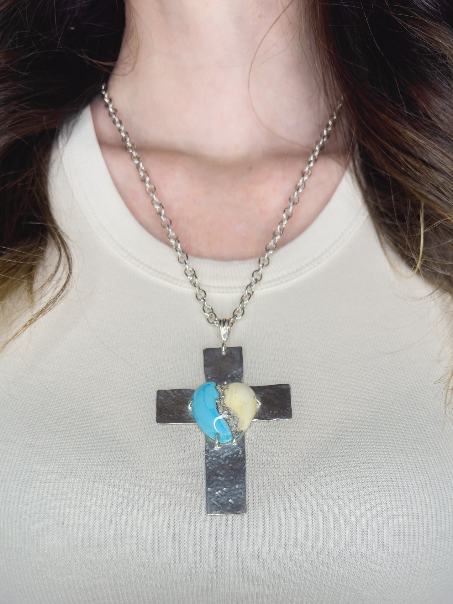 Sterling Silver Cross Necklace with Handmade Lampwork Bead Cabochon