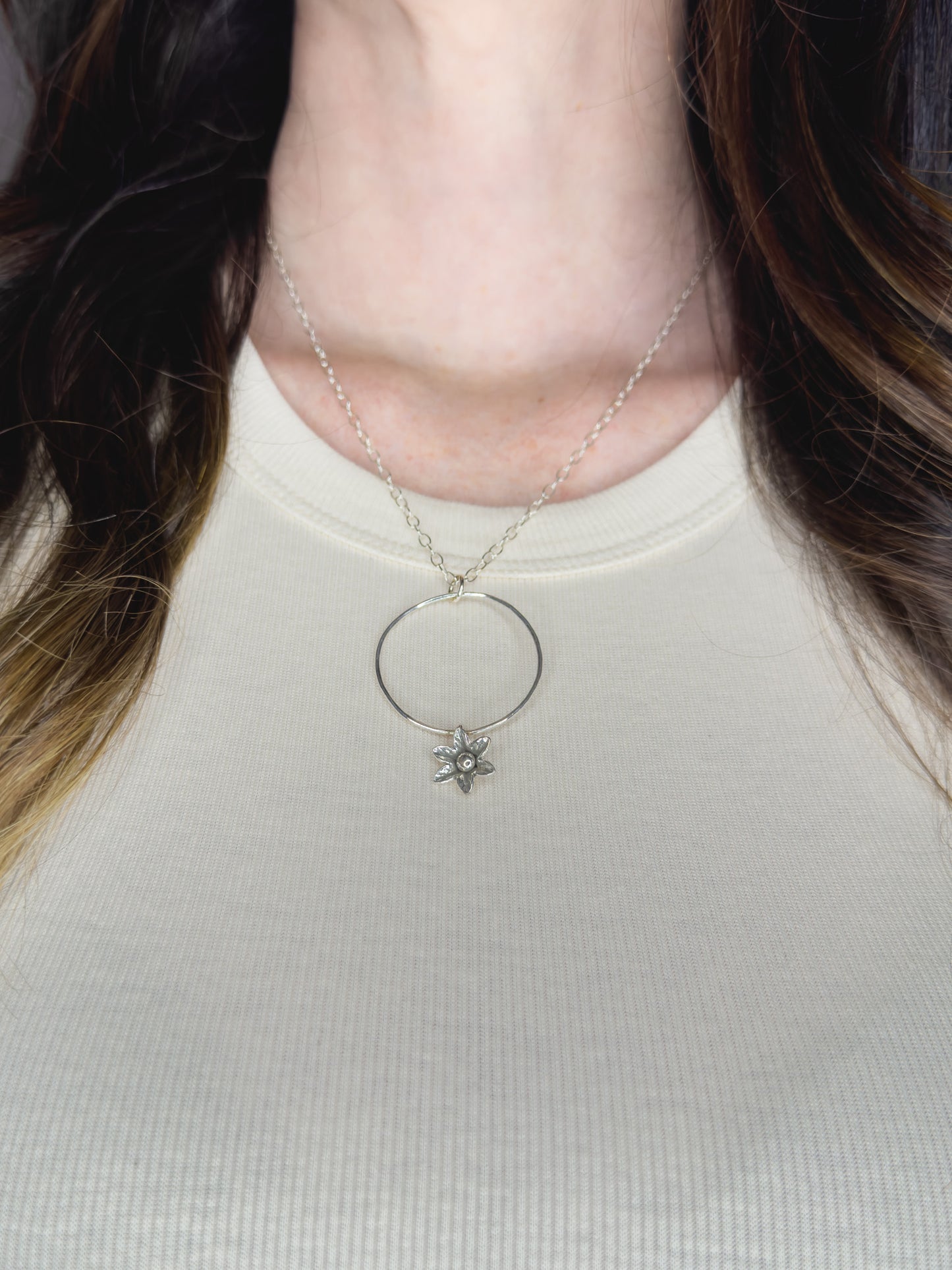 Sterling Circle Necklace with Flower Drop