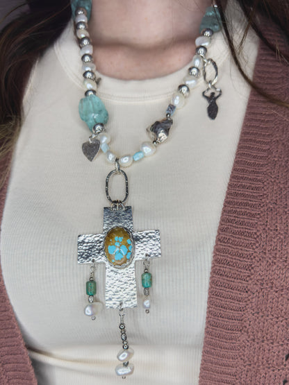 Elegant Pearl & Ice Quartz Necklace with Sterling Silver and Turquoise Cross