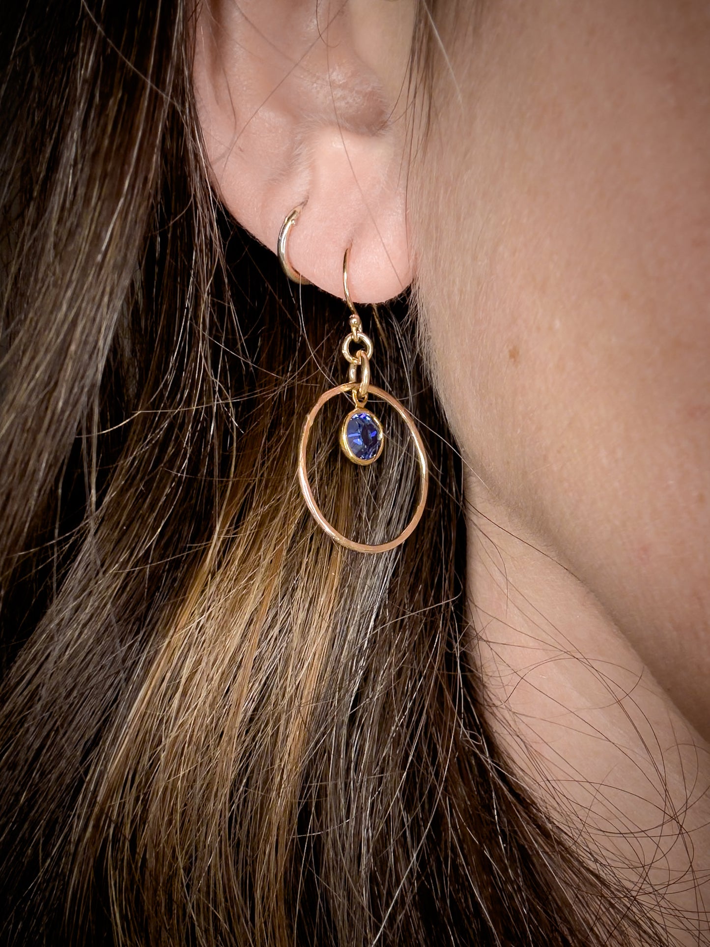 Gold Filled Hoop w/Blue Swarovski Crystal Drop