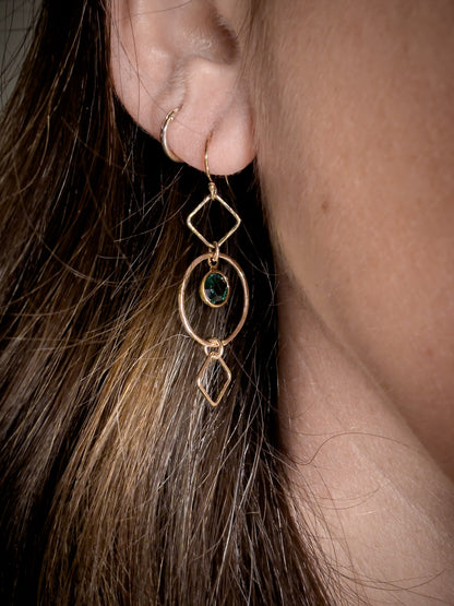 Gold Filled Geometric Earrings w/Emerald Green Swarovski Drop