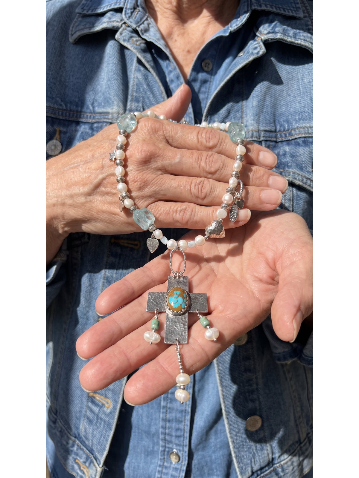 Handmade Pearl Turquoise Cross Necklace | Sterling Silver Artisan