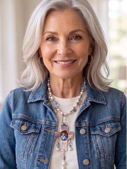 Handmade Pearl Turquoise Cross Necklace | Sterling Silver Artisan