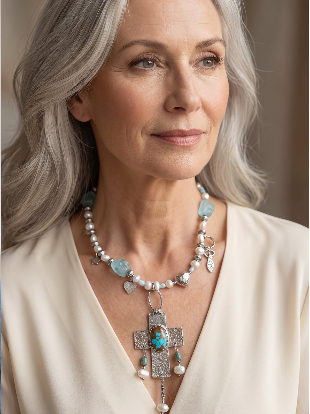 Handmade Pearl Turquoise Cross Necklace | Sterling Silver Artisan