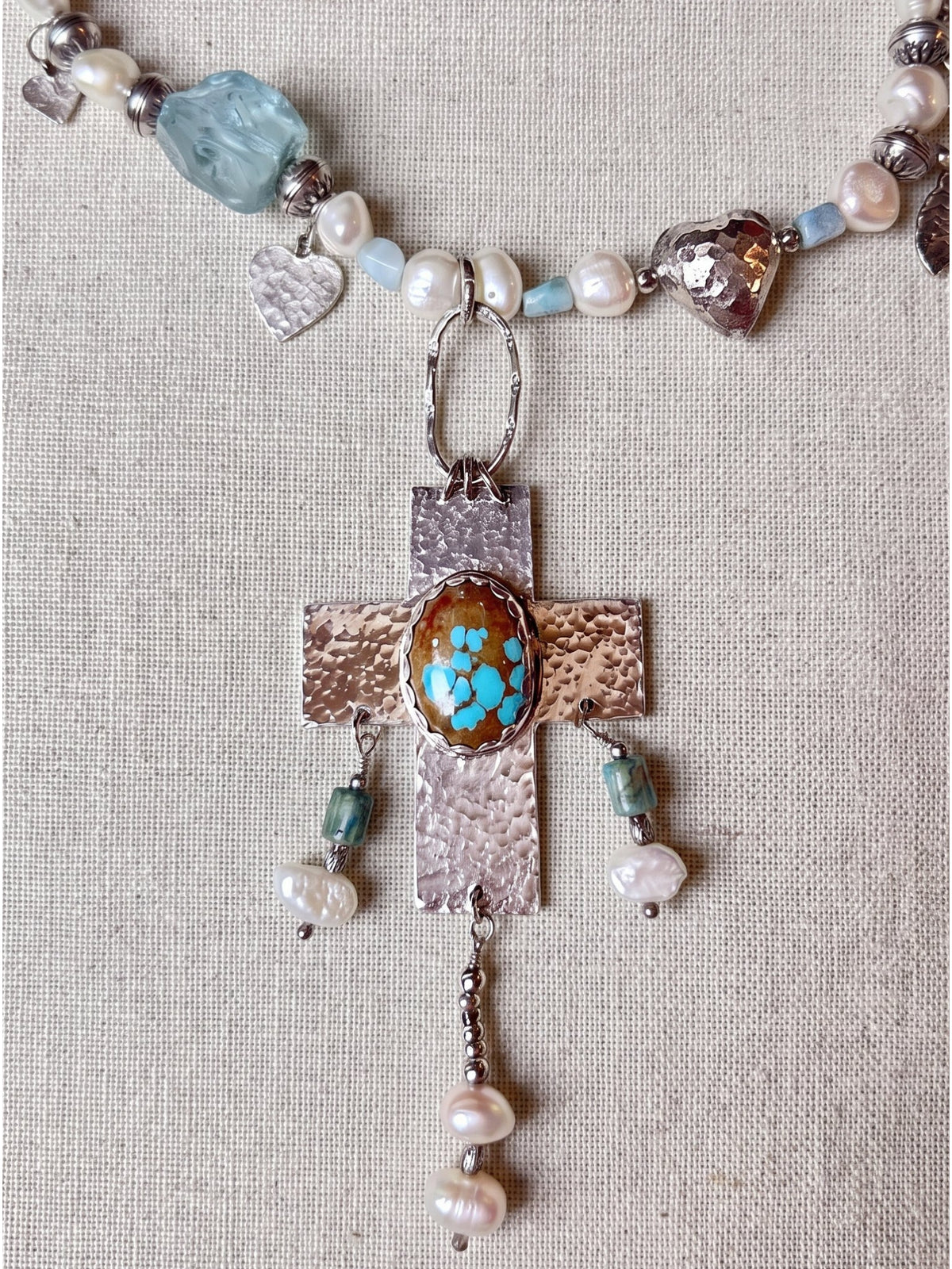 Handmade Pearl Turquoise Cross Necklace | Sterling Silver Artisan