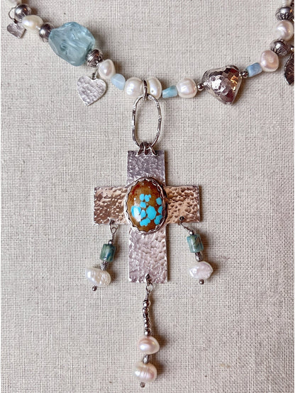 Handmade Pearl Turquoise Cross Necklace | Sterling Silver Artisan