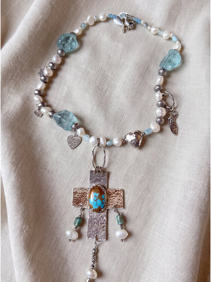 Handmade Pearl Turquoise Cross Necklace | Sterling Silver Artisan