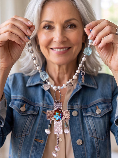 Handmade Pearl Turquoise Cross Necklace | Sterling Silver Artisan